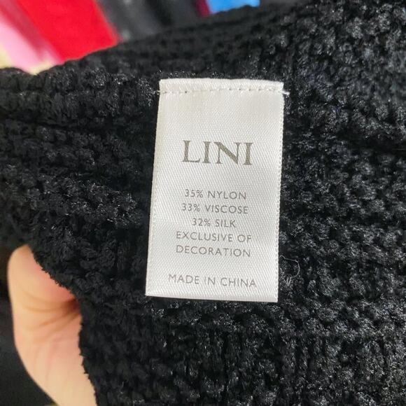 LINI Black Boucle Knit Cardigan Silk Blend Size Small Open Front Pockets Fringe - Picture 8 of 10